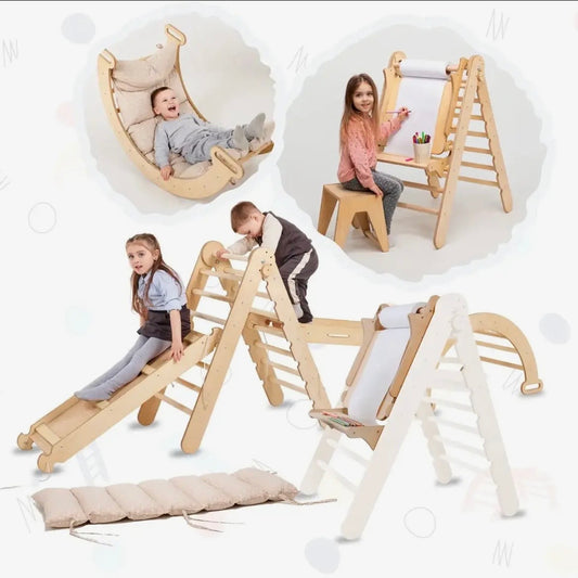 MONTESSORI 6-IN-1 KLETTERSET AUS HOLZ – BEWEGUNG, KREATIVITÄT & SPIELERISCHES LERNEN VEREINT